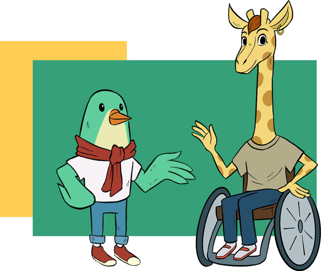Deux personnages cocofors, un oiseau debout, et une girafe en chaise roulante